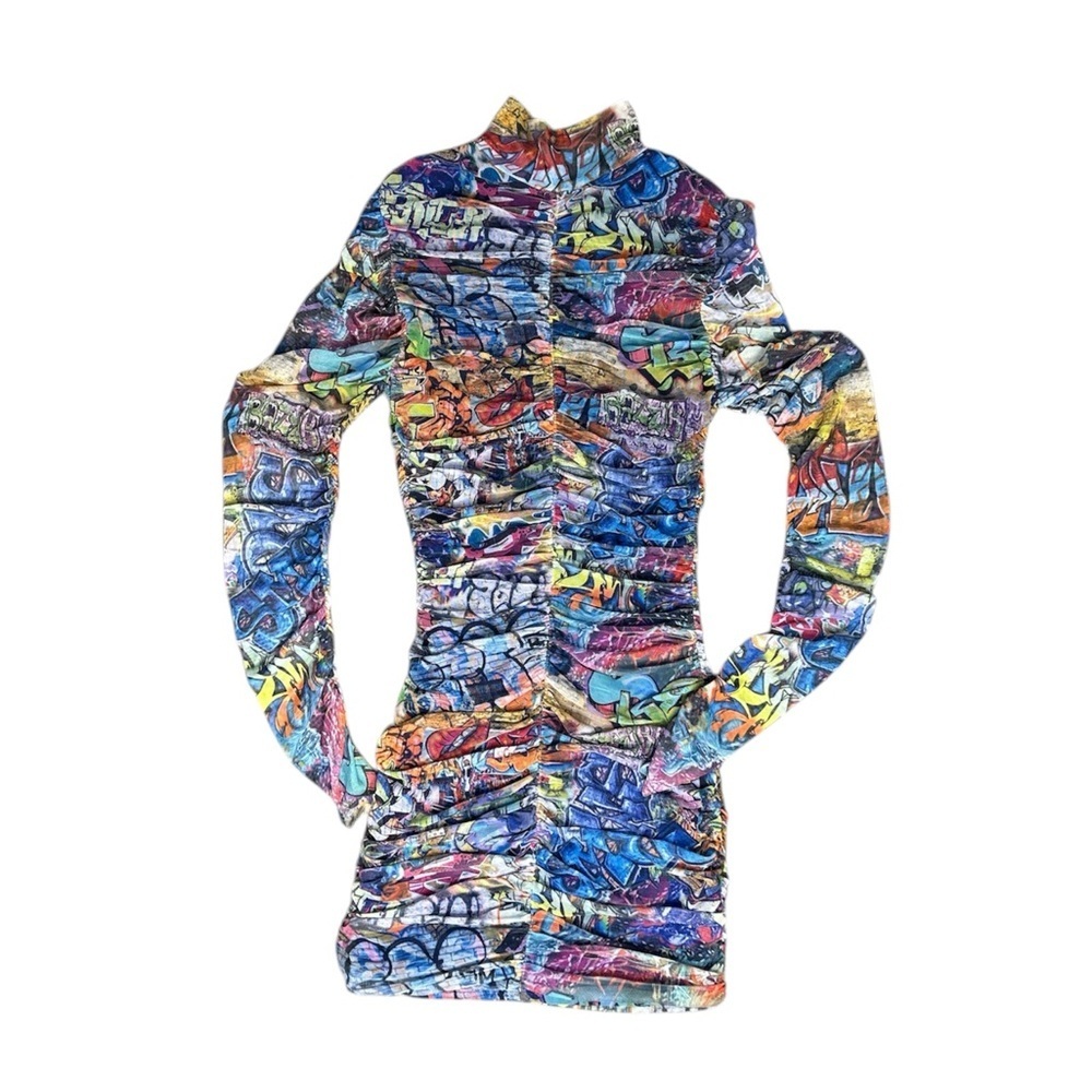 Shelly Colorful Abstract Long Sleeve Sheer Mesh Dress - Picture 11 of 12